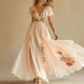 Floral Embroidered Chiffon V-Neck Short Sleeve High Split Maxi Dress