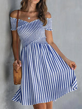 Striped Off Shoulder Short Sleeve Smocked Mini Dress 6