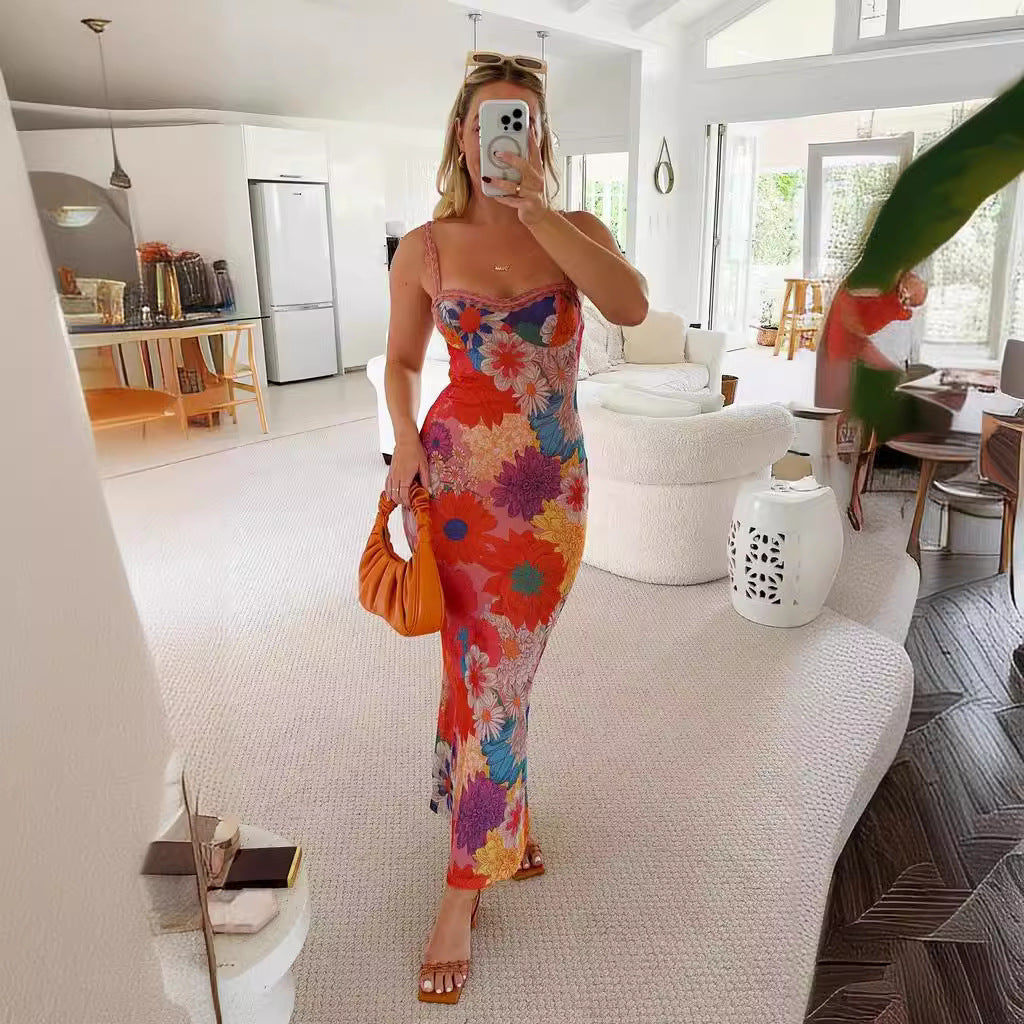 off Neck Floral Printing Slip Dress