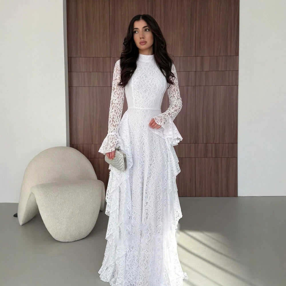 Autumn French Women Bell Sleeve Elegant Long Lace Dress Lace Long Sleeve Waist Tight