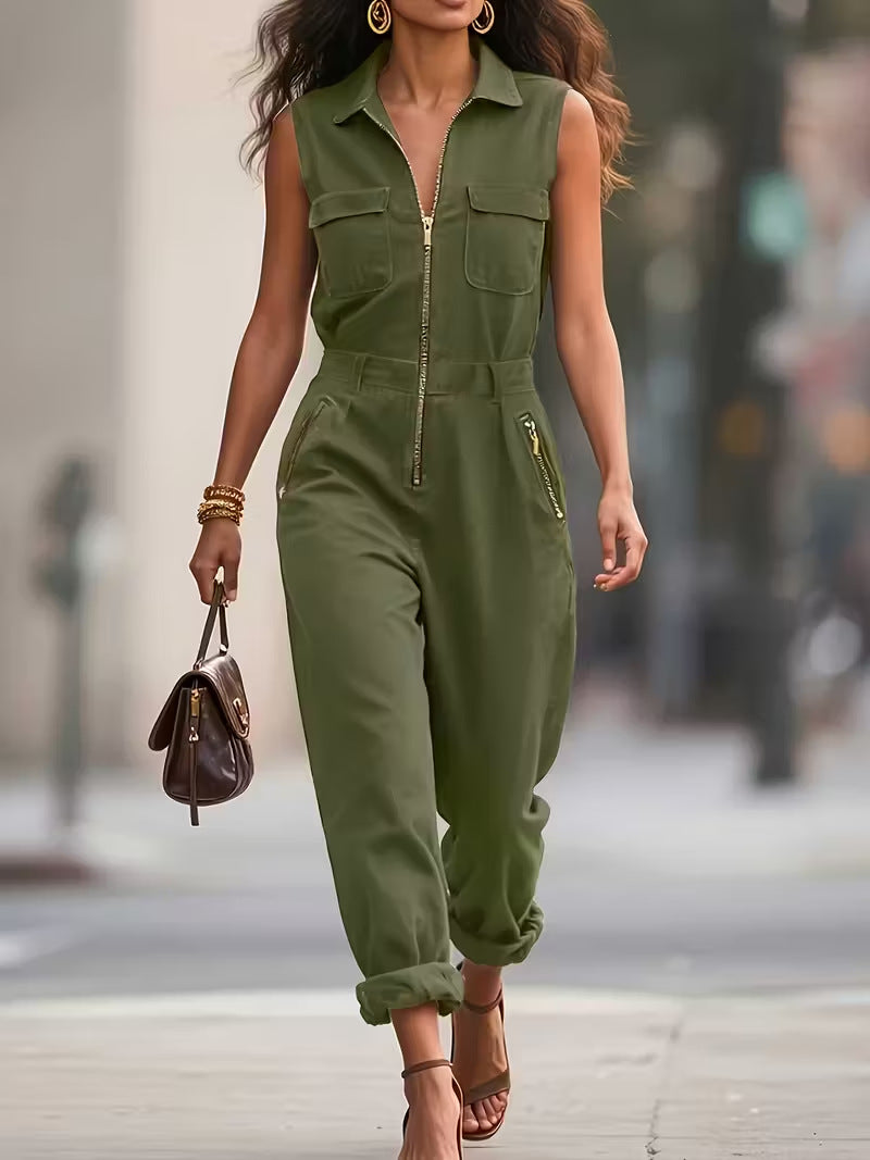 Collared Sleeveless Zip Front Utility Jumpsuit with Pockets