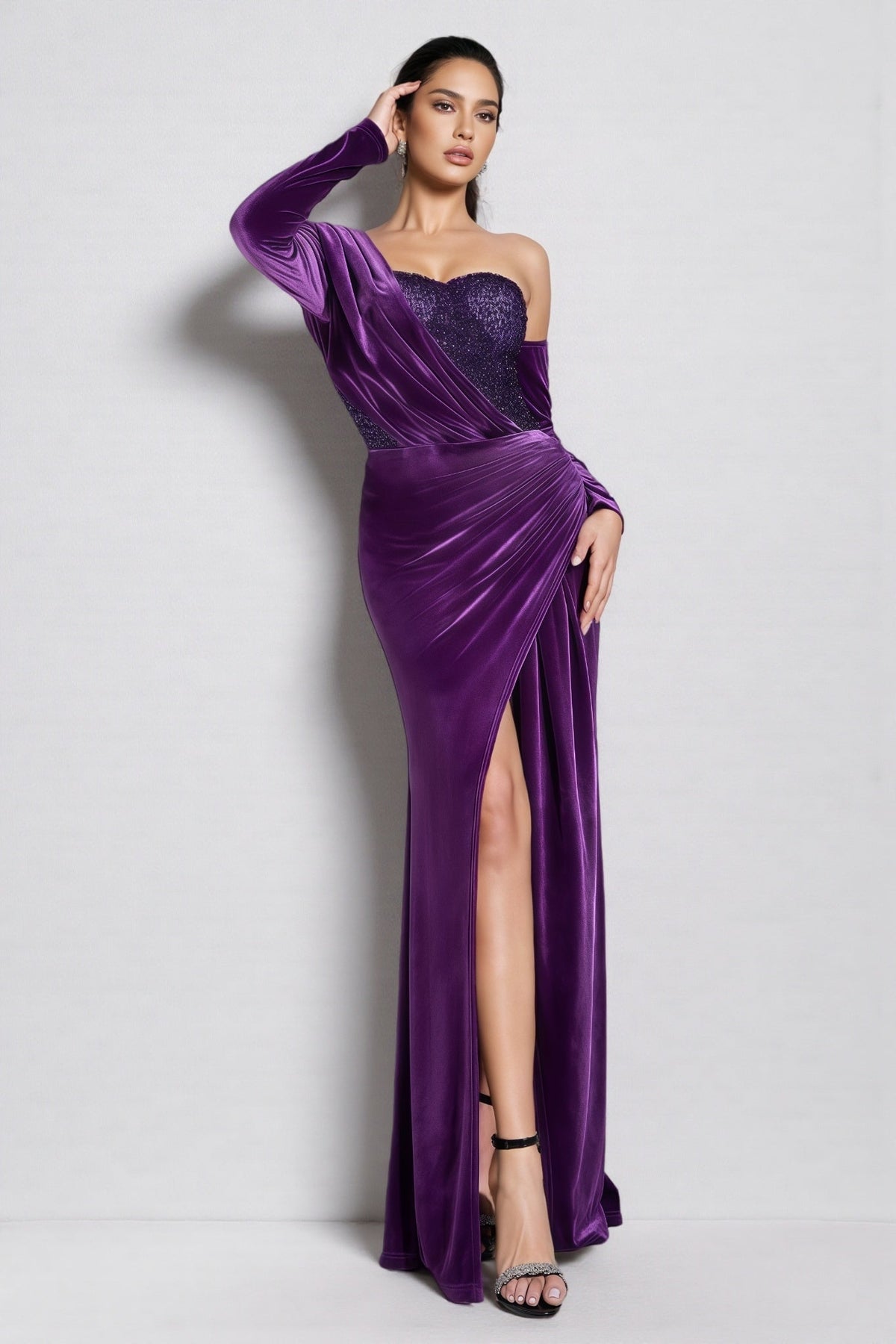 Velvet One Sleeve Draped Sequin Bodice High Split Maxi Gown 2