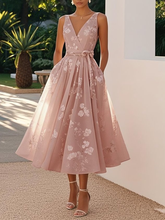 Floral V-Neck Sleeveless A-Line Midi Dress Wedding Guest 8