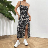 Square Neck Spaghetti Strap Floral High Split Bodycon Midi Dress 7