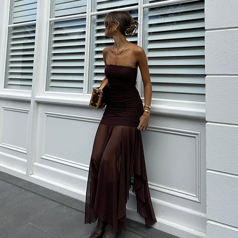Strapless Ruched Sheer Mesh Asymmetric Hem Maxi Dress 2