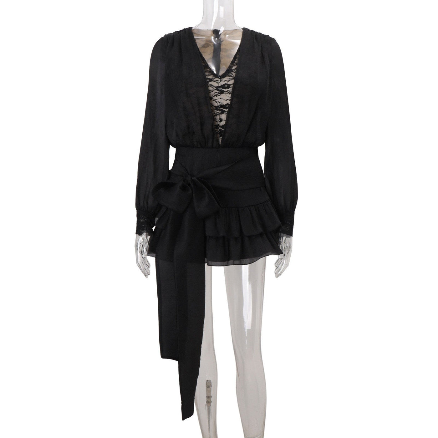 Autumn French Pure Lace Splicing Sexy V neck Long Sleeve Dress - View 7