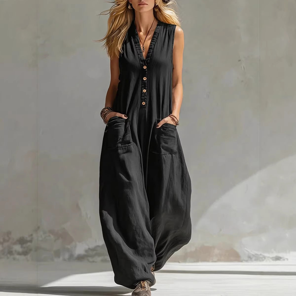 V-Neck Sleeveless Button Front Wide Leg Jumpsuit with Pockets