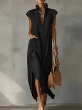 High Neck Cap Sleeve High Split Pocket Maxi Dress 7