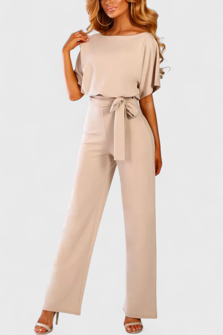 Boat Neck Batwing Sleeve Belted Wide Leg Jumpsuit