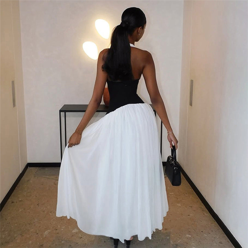 Summer Women Sexy Halter V neck Stitching Color Matching Waist Maxi Dress