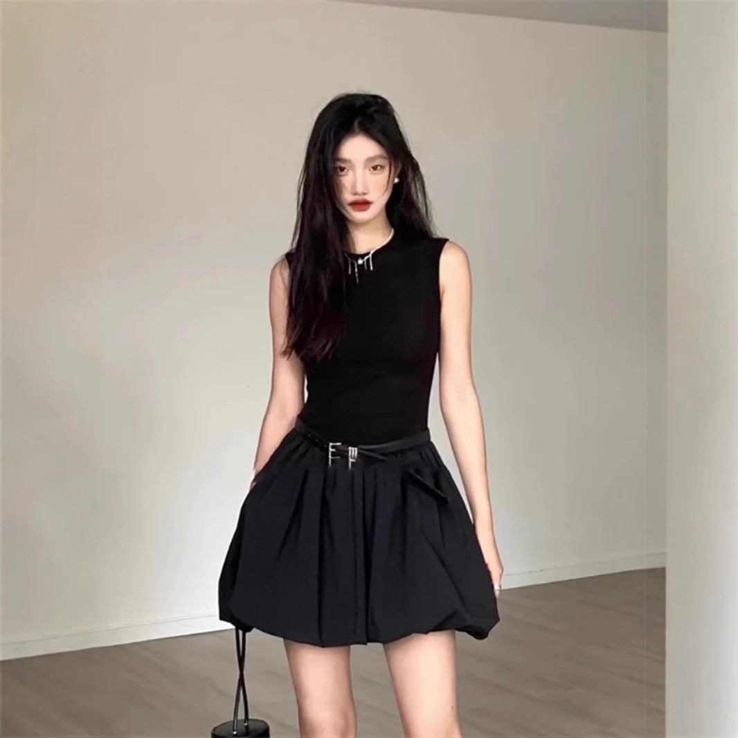 Sleeveless Knit Top Bubble Hem Mini Two Piece Set