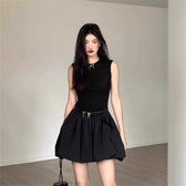 Sleeveless Knit Top Bubble Hem Mini Two Piece Set