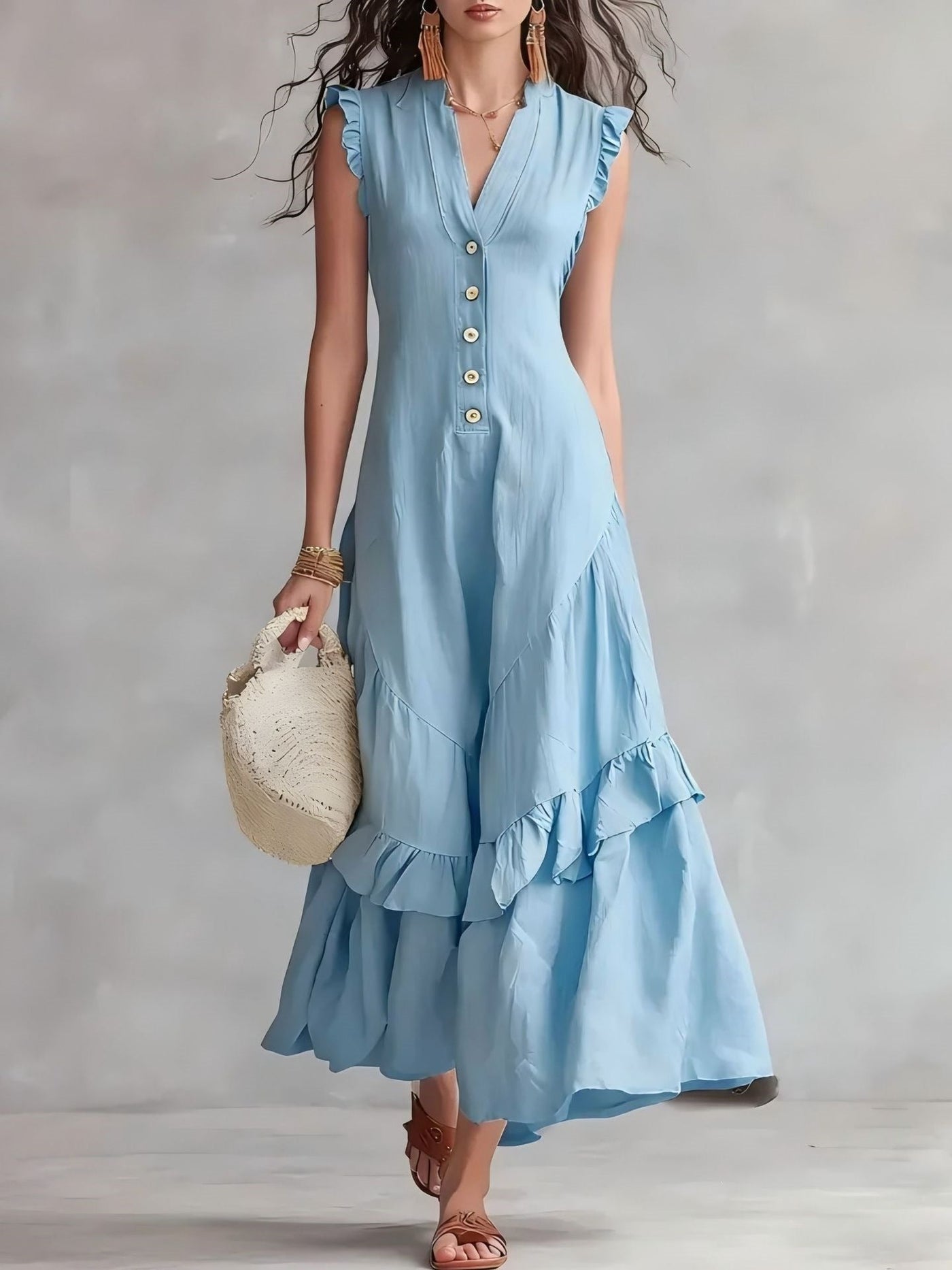 V-Neck Ruffle Sleeve Button Front Tiered Maxi Dress 7