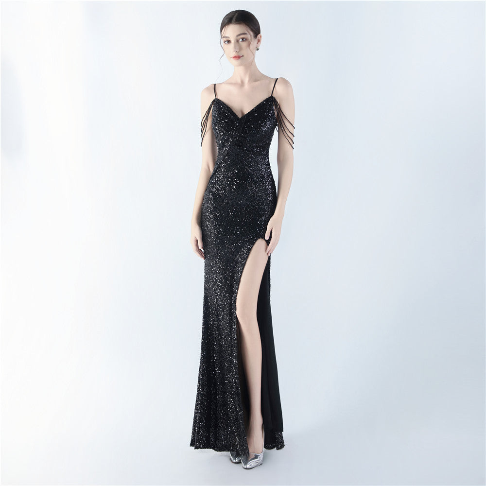 Sequin Twist Bust Spaghetti Strap Beaded Fringe High Split Evening Gown 8