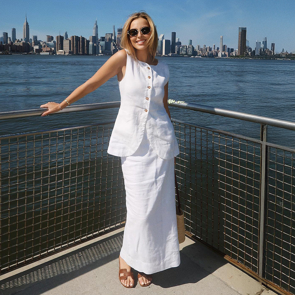 Simple Sleeveless Vest High Waist Skirt Set Spring Summer Linen Casual Set for Women