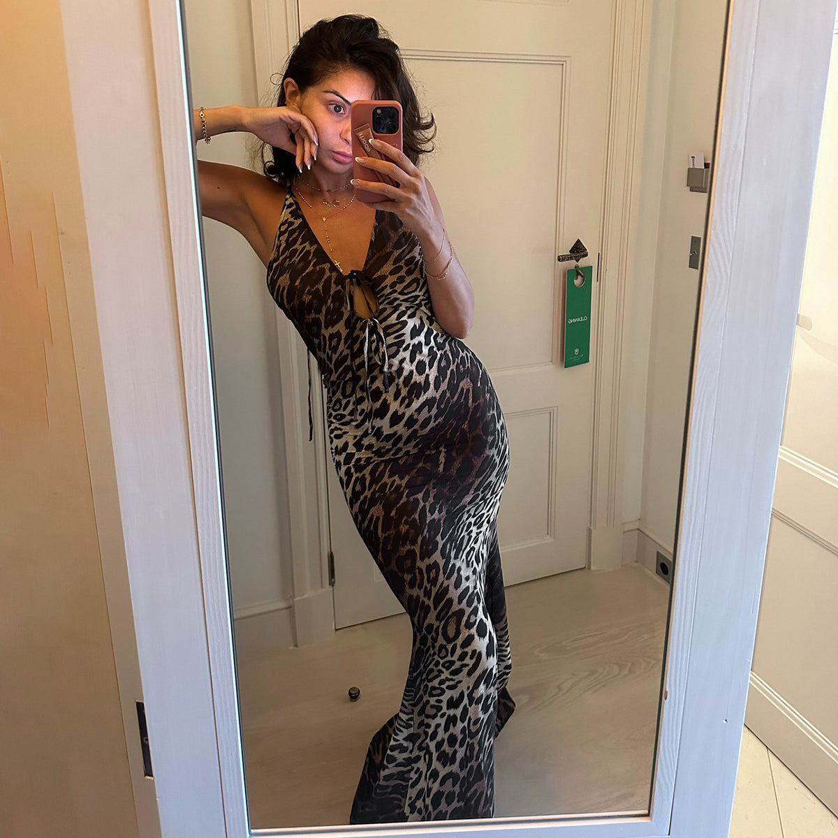 Leopard Print Tie Front Halter V-Neck Backless Maxi Dress 4