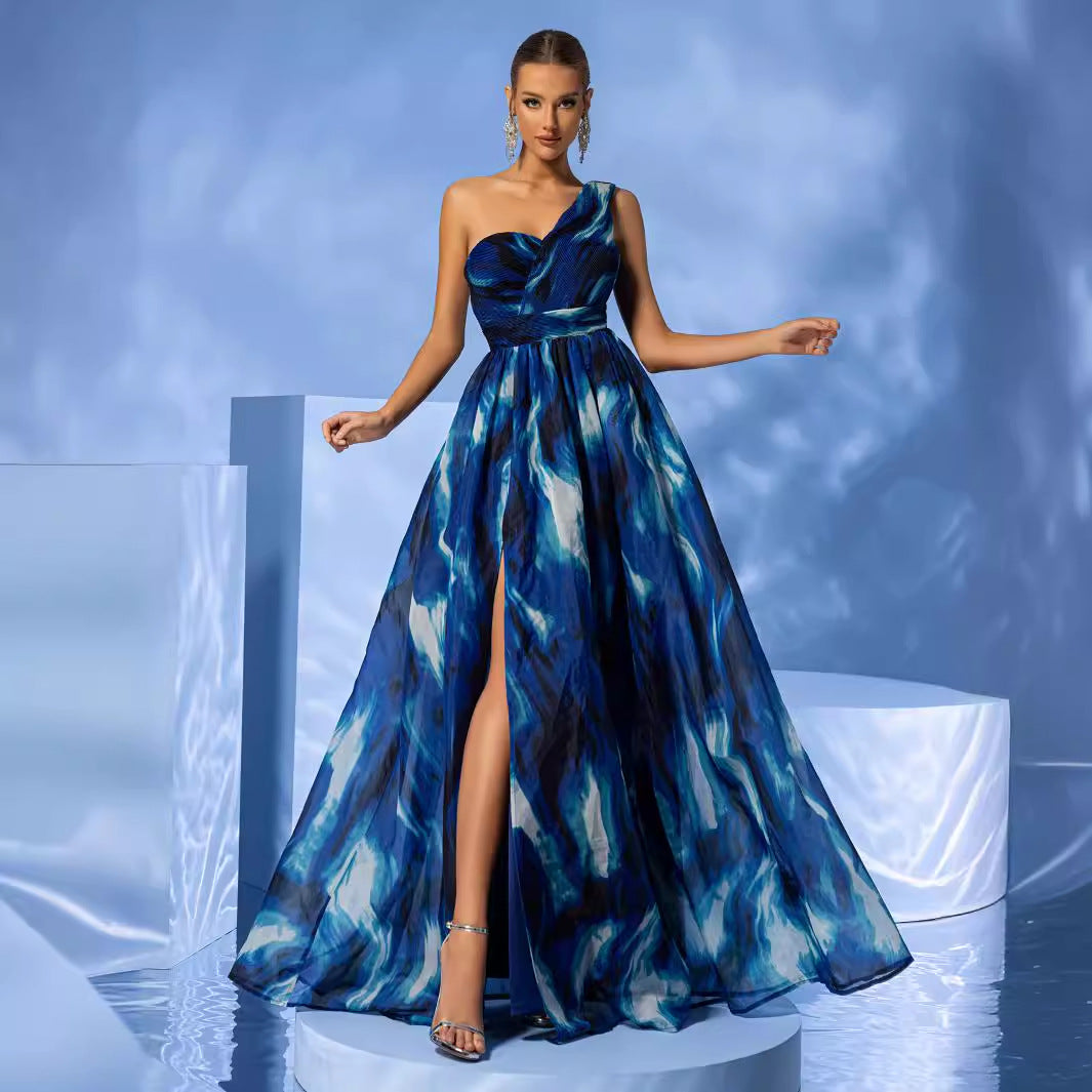 One Shoulder Maxi Dress Tie Dye Print Sleeveless Vacation Split Refined Dress