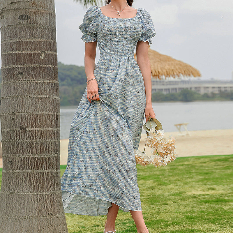 Floral Gingham Smocked Bodice Puff Sleeve Square Neck Maxi Dress