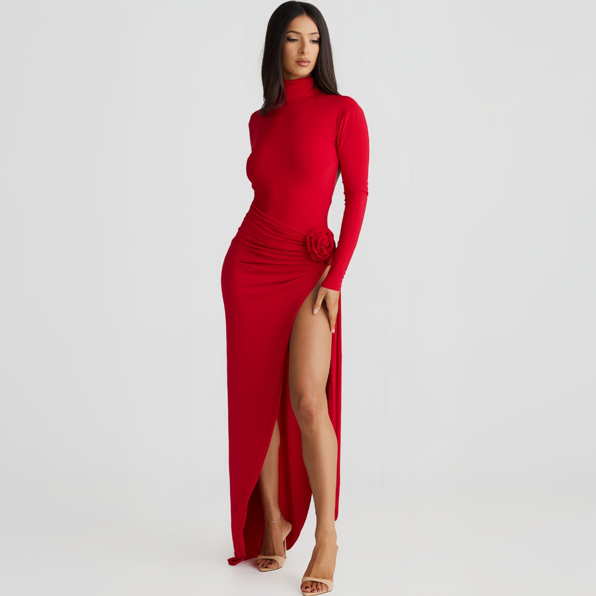 Mock Neck Long Sleeve Rosette Ruched High Split Maxi Dress 8