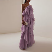 Chiffon One Shoulder Tiered Ruffle Maxi Gown
