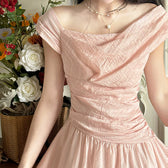 Off Shoulder Ruched Satin A-Line Midi Dress 6