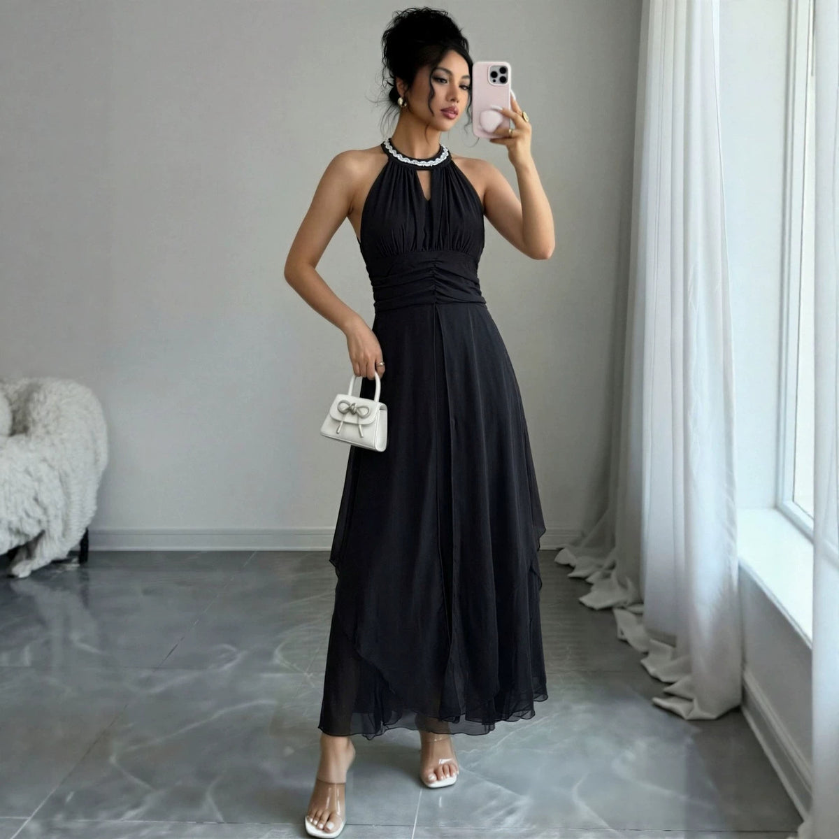 Popular Version Halter Beaded Swing Strapless Sexy Dress Chiffon Formal Dress