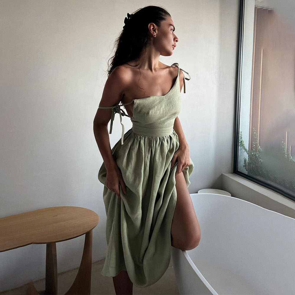 Linen Look Strapless Tie Detail Gathered Maxi Dress Summer 2