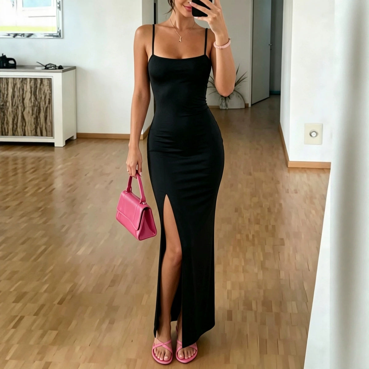 Square Neck Spaghetti Strap High Split Bodycon Maxi Dress 2