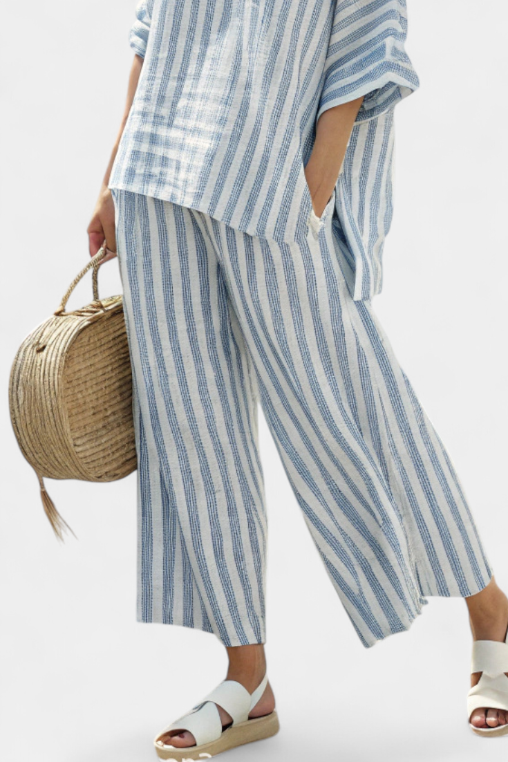 Striped Short Sleeve Top and Wide Leg Pants Two Piece Set