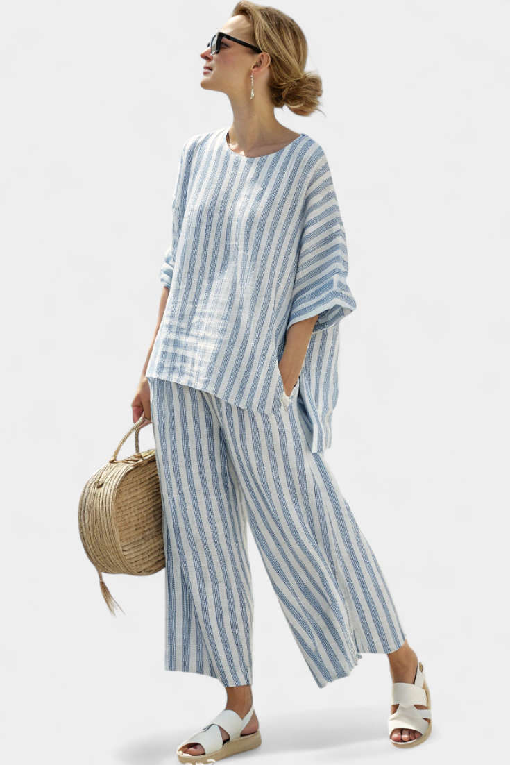 Striped Short Sleeve Top and Wide Leg Pants Two Piece Set