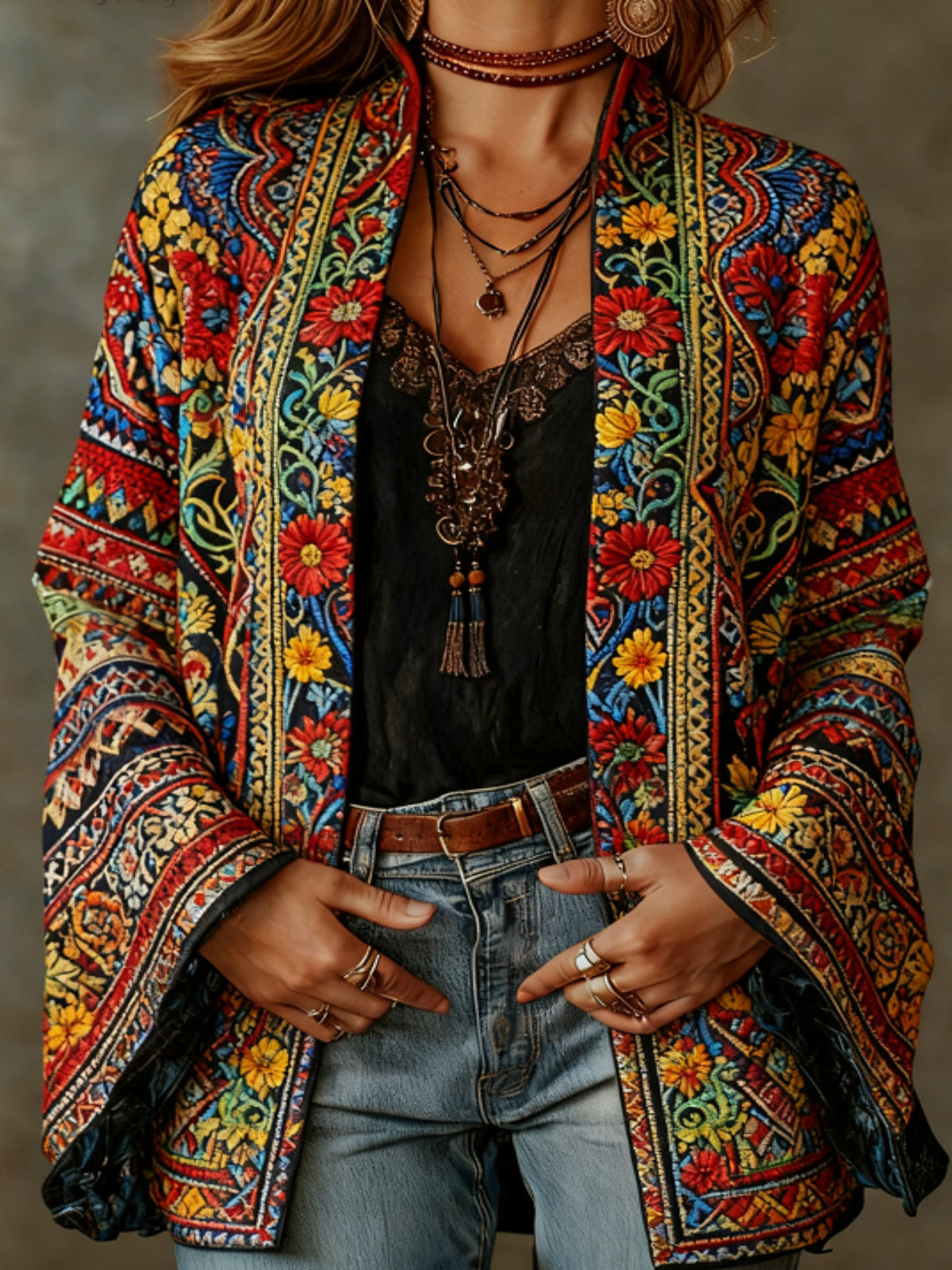 Paisley Velvet Boho Open Front Kimono Cardigan