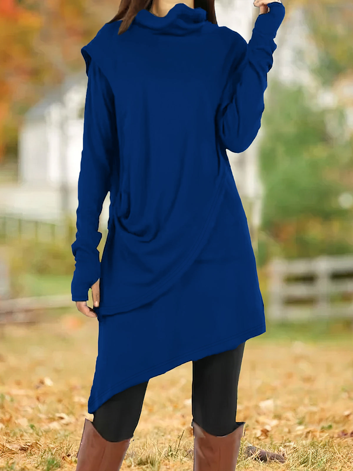 Cowl Turtleneck Draped Asymmetric Layered Long Sleeve Thumbhole Tunic Dress 4
