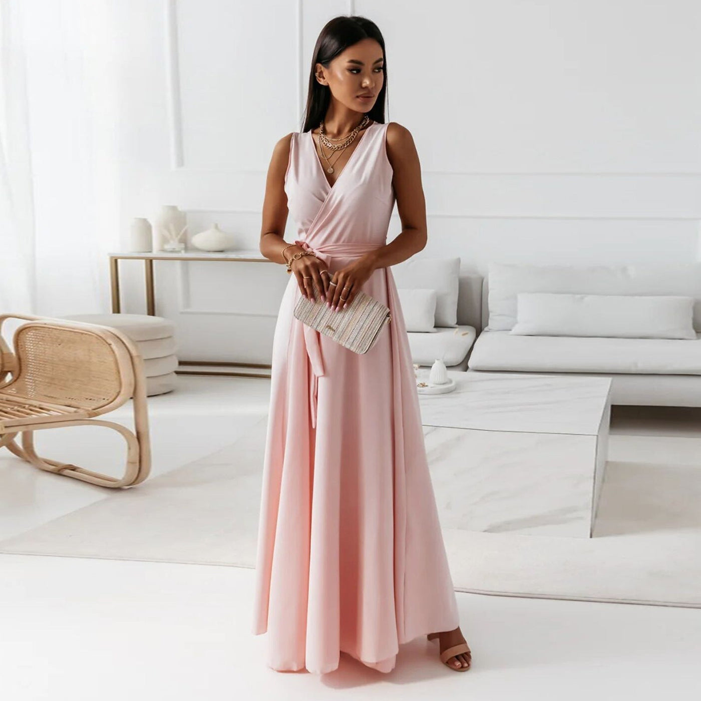 V-Neck Sleeveless Wrap Maxi Dress