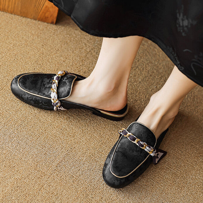 Floral Jacquard Chain Detail Pointed Toe Flat Mules