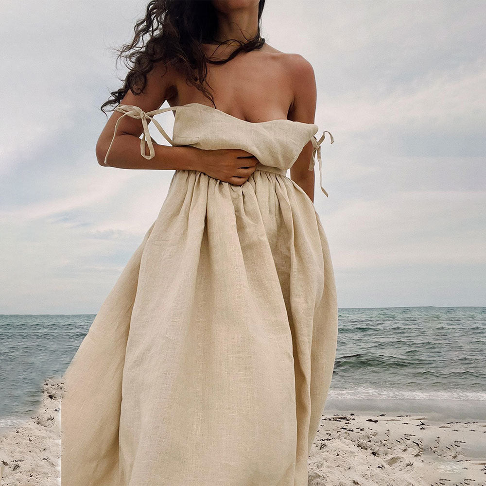 Linen Look Strapless Tie Detail Gathered Maxi Dress Summer