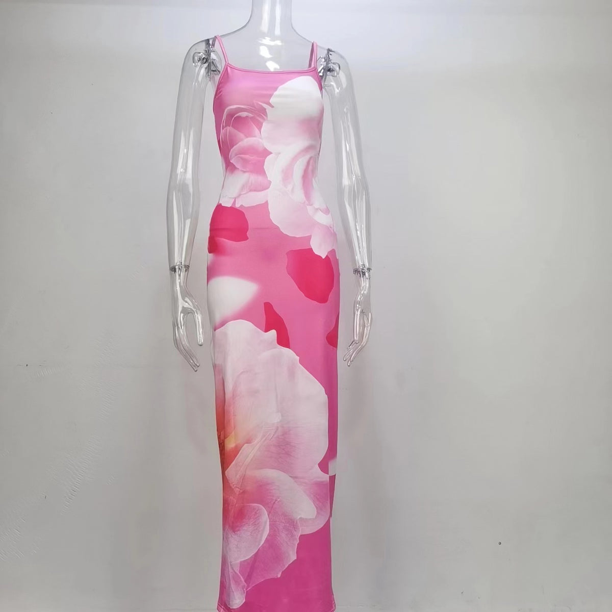 Floral Print Scoop Neck Spaghetti Strap Bodycon Mermaid Maxi Dress 5