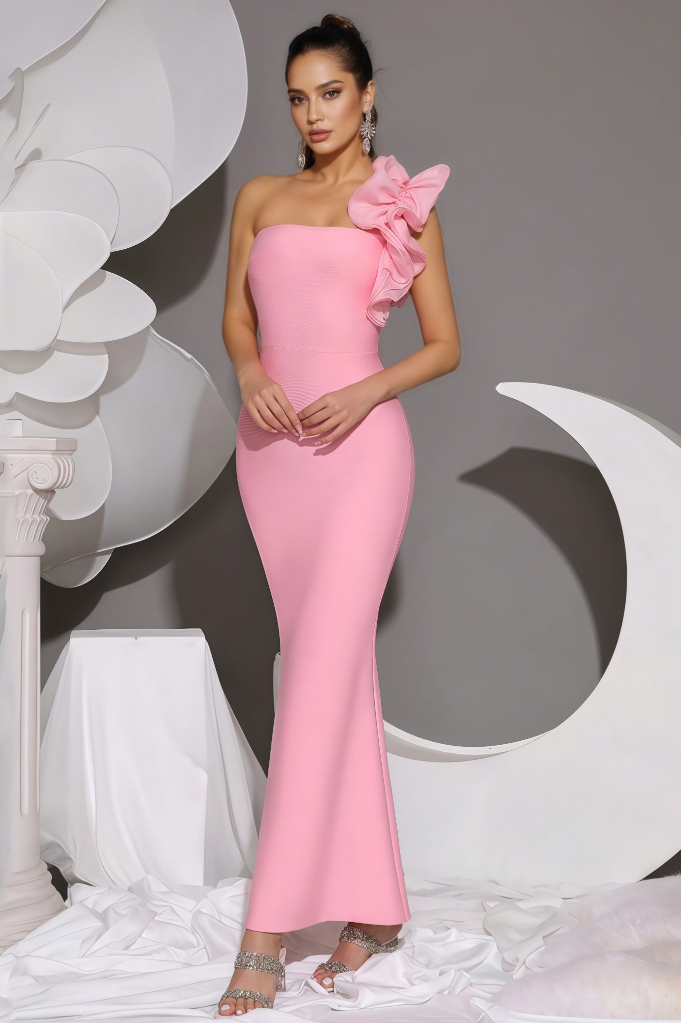 Marigold Pink One Shoulder Bandage Maxi Dress - View 4
