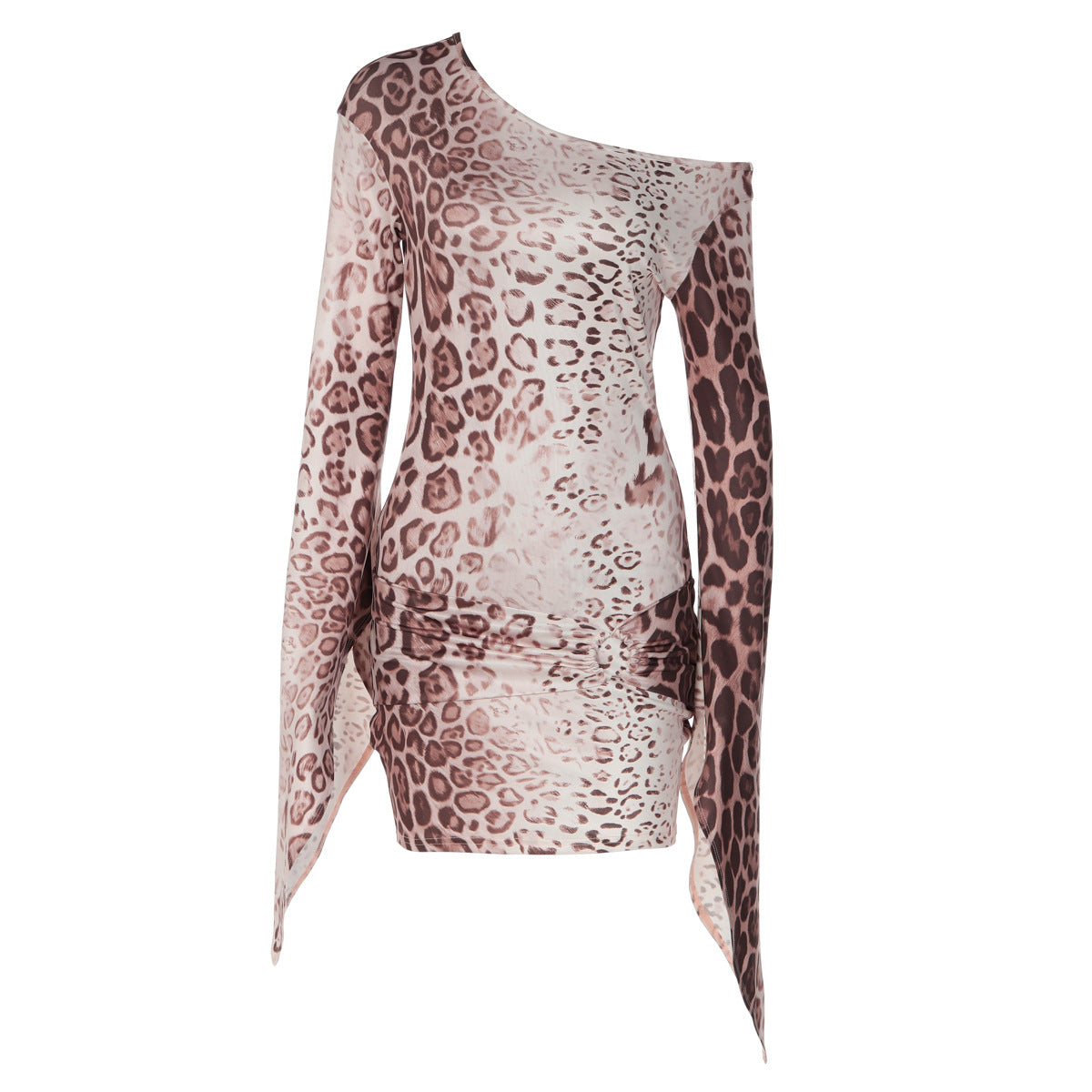Women Clothing Leopard Print Diagonal Collar Long Sleeve Short Dress Sexy Vacation Sheath Dress