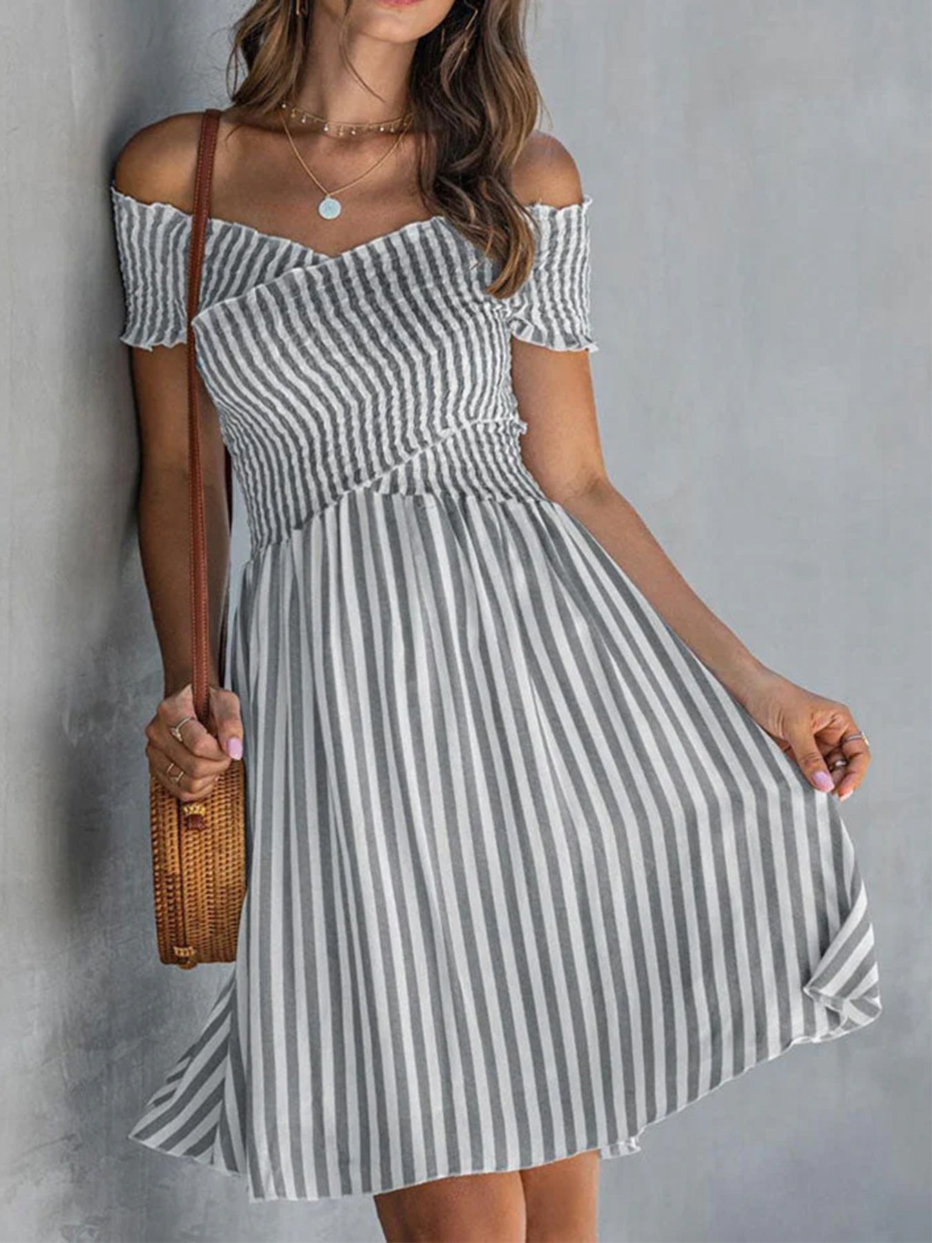 Striped Off Shoulder Short Sleeve Smocked Mini Dress 10
