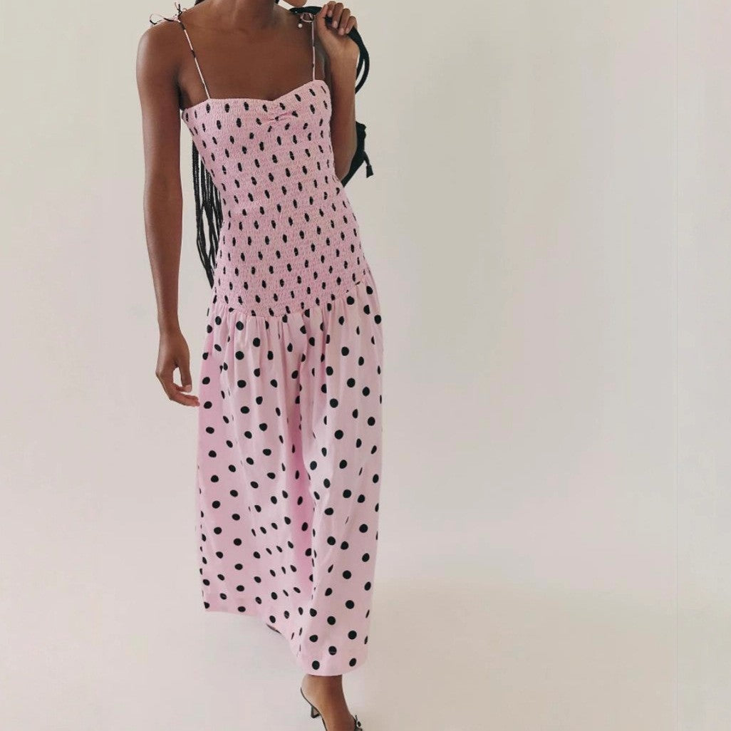 Polka Dot Smocked Bodice Tie Strap Cami Drop Waist Midi Dress 3