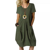V-Neck Short Sleeve Pocket Loose Cocoon Midi Dress 7