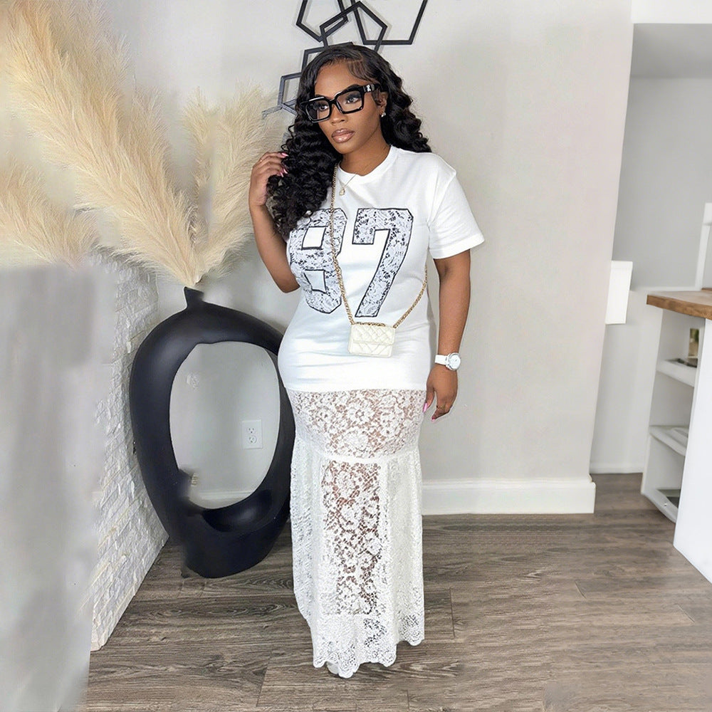 Graphic Print Crew Neck Short Sleeve T-Shirt Lace Skirt Maxi Dress 5