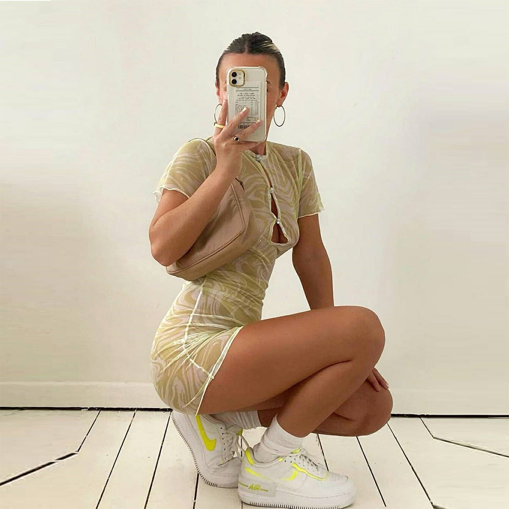 Spring Summer New Sexy Hollow Out Cutout Clinch See-through Dress Women