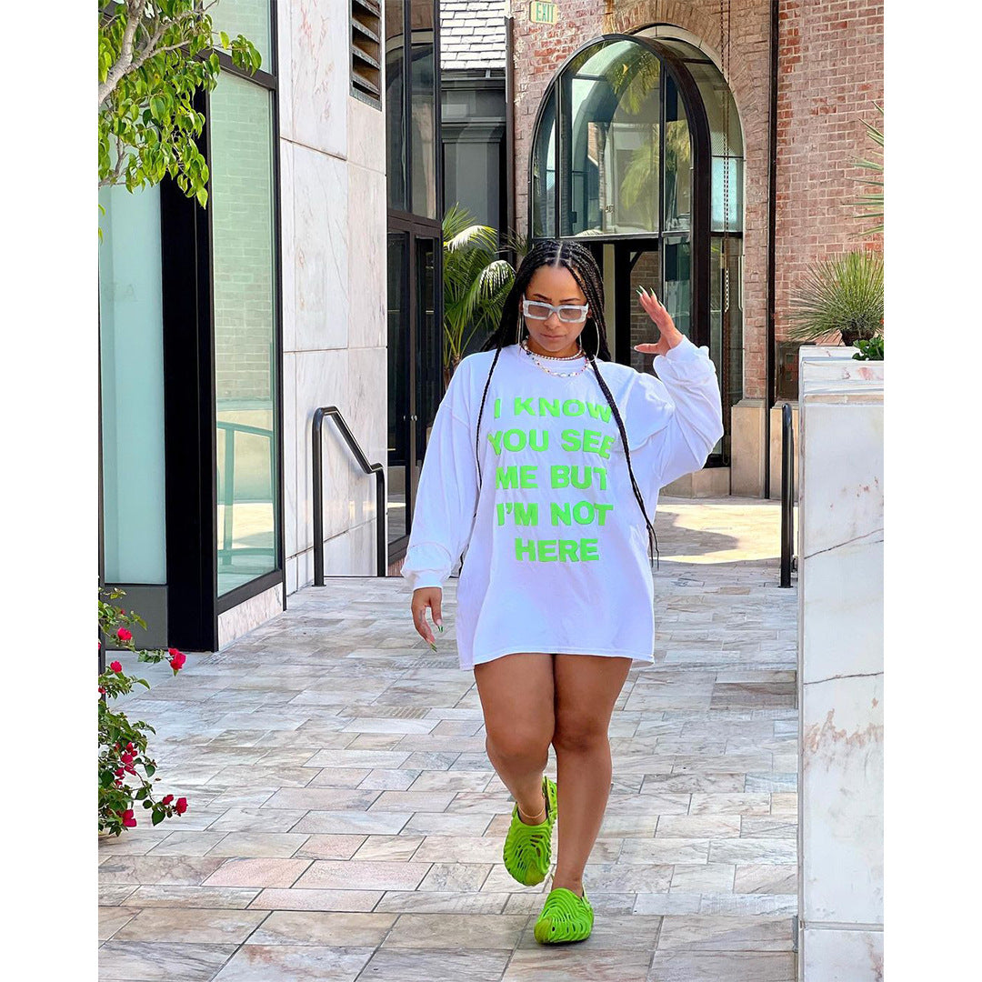 Letter Graphic Print Crew Neck Long Sleeve Oversized T-Shirt Dress