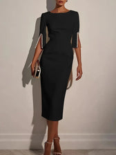 Boat Neck Split Sleeve Pearl Button Bodycon Midi Dress 7