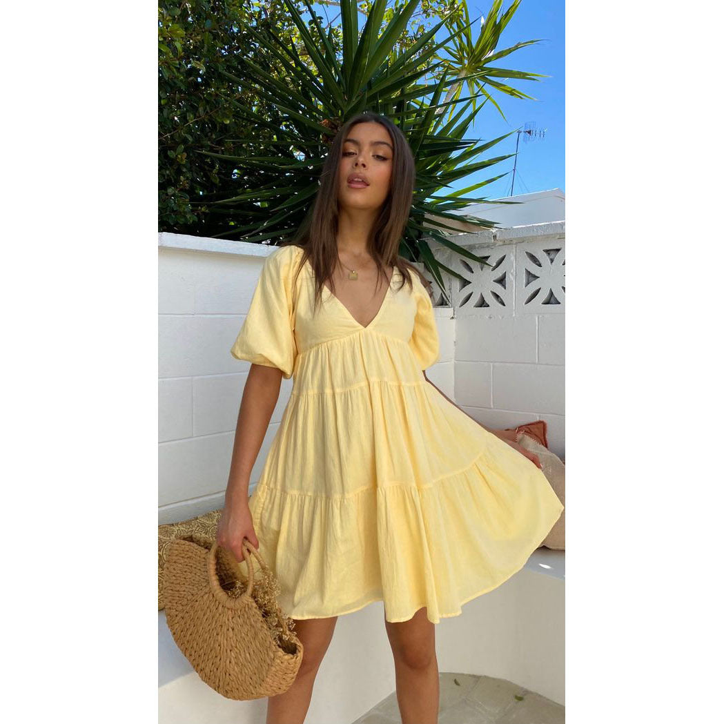 Deep V-Neck Puff Sleeve Tiered Babydoll Mini Dress 4