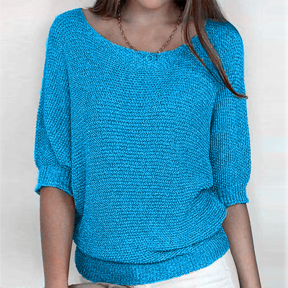 Boat Neck Short Sleeve Ribbed Hem Knit Sweater