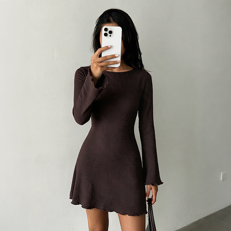 Casual Laid Back Solid Color Texture Boat Neck Short Dress