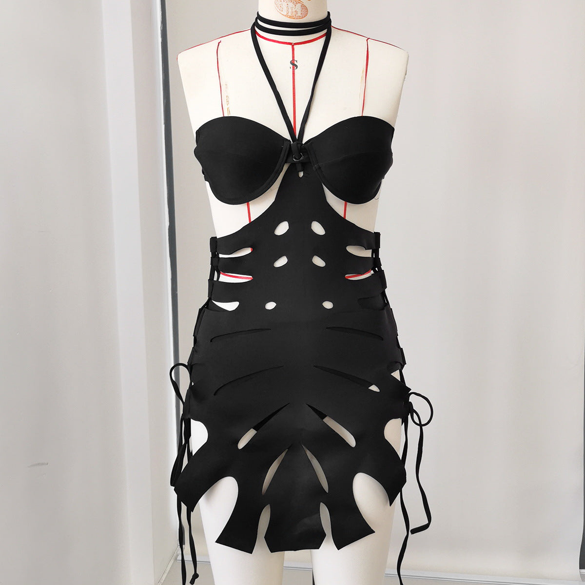 Pure Black Push up Hard Bag Split Swimsuit Hollow Out Cutout out Three Piece Set