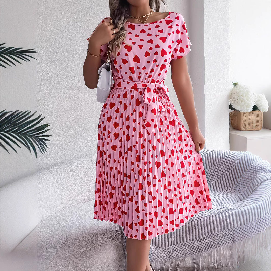 Heart Print Short Sleeve Tie Waist Pleated Midi Dress